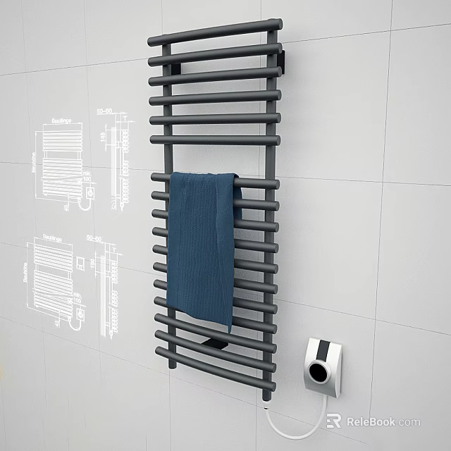 Gray Bathroom Rack With Blue Towel And Toilet Paper Holder On White Tiled Wall 3d model 