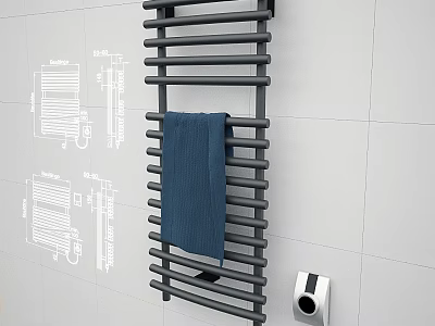 Gray Bathroom Rack With Blue Towel And Toilet Paper Holder On White Tiled Wall 3d model