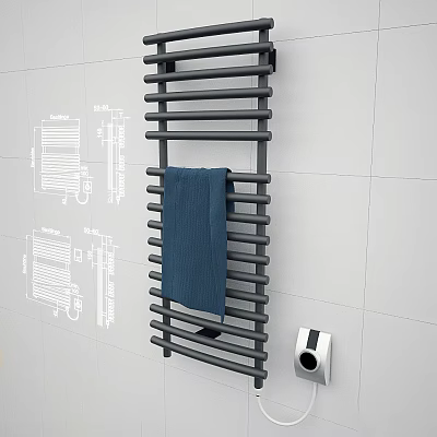 Gray Bathroom Rack With Blue Towel And Toilet Paper Holder On White Tiled Wall 3d model