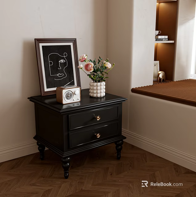 Black Decorative Cabinet with Abstract Painting Frame Vintage Radio White Vase and Pink White Flowers 3d model