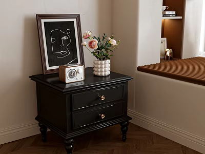 Black Decorative Cabinet with Abstract Painting Frame Vintage Radio White Vase and Pink White Flowers 3d model
