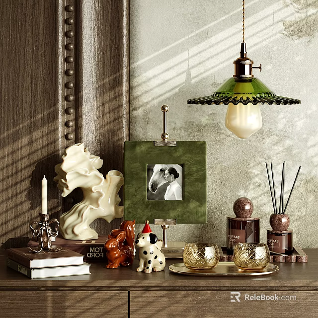 Elegant Decorative Ornament Set with Green Photo Frame White Sculpture Candle Dog Figurine and Aromatherapy 3d model 