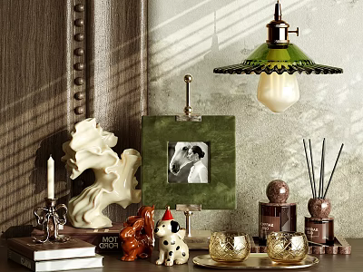 Elegant Decorative Ornament Set with Green Photo Frame White Sculpture Candle Dog Figurine and Aromatherapy 3d model