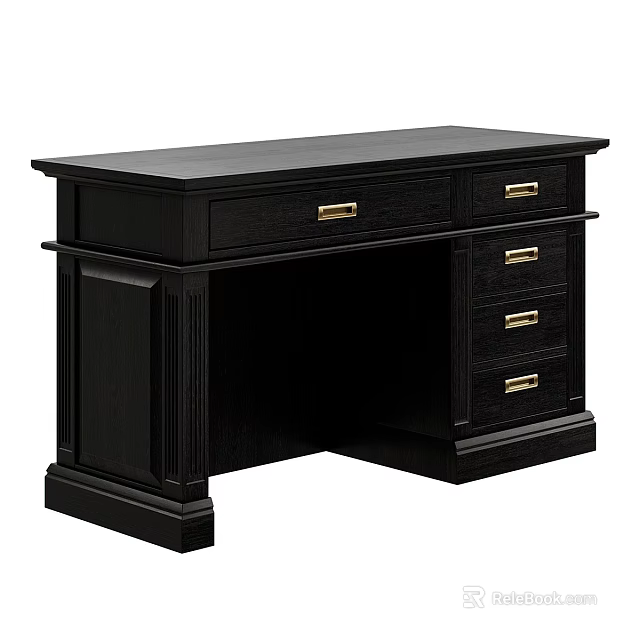Traditional Black Desk With Golden Handles Spacious Top And Storage Drawers 3d model 