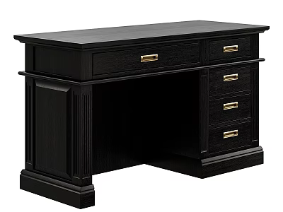 Traditional Black Desk With Golden Handles Spacious Top And Storage Drawers 3d model