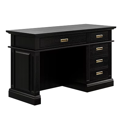 Traditional Black Desk With Golden Handles Spacious Top And Storage Drawers 3d model