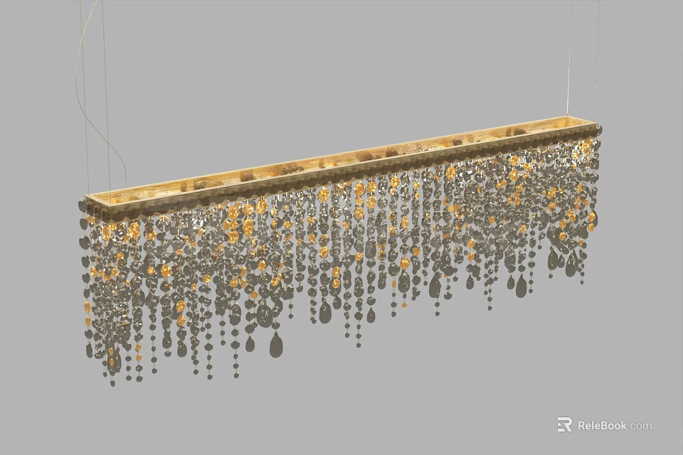 Elegant Gold Rectangular Chandelier With Hanging Crystal Beads And Shiny Frame Design 3d model 