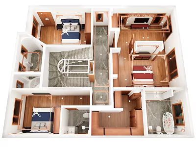 Detailed Bird's Eye View Of House Floor Plan With Bedrooms Staircase Bathrooms And Wooden Floors 3d model