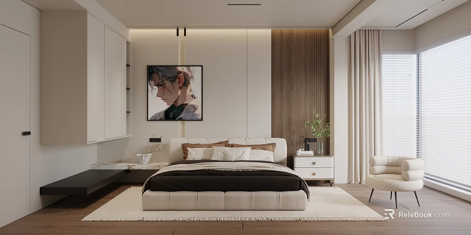 Modern Bedroom Interior With Portrait Painting Wooden Wall Panel Nightstand And Green Plant 3d model 