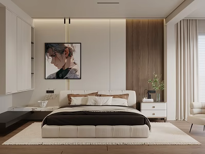 Modern Bedroom Interior With Portrait Painting Wooden Wall Panel Nightstand And Green Plant 3d model