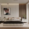 Modern Bedroom Interior With Portrait Painting Wooden Wall Panel Nightstand And Green Plant