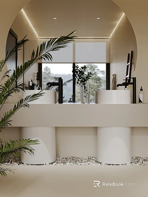 Modern Bathroom Vanity With White Sinks Black Faucets Green Plants And Window View 3d model 