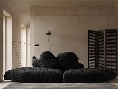 Black Sectional Sofa in Modern Living Room with Beige Walls Floor Lamp and Slatted Doors 3d model