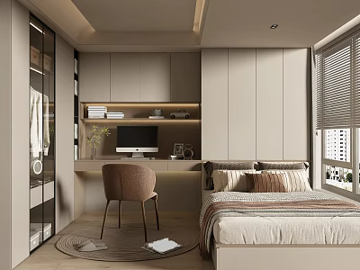 Modern Tatami Bedroom Interior Design With Tatami Bed Desk Chair And Window Blinds 3d model