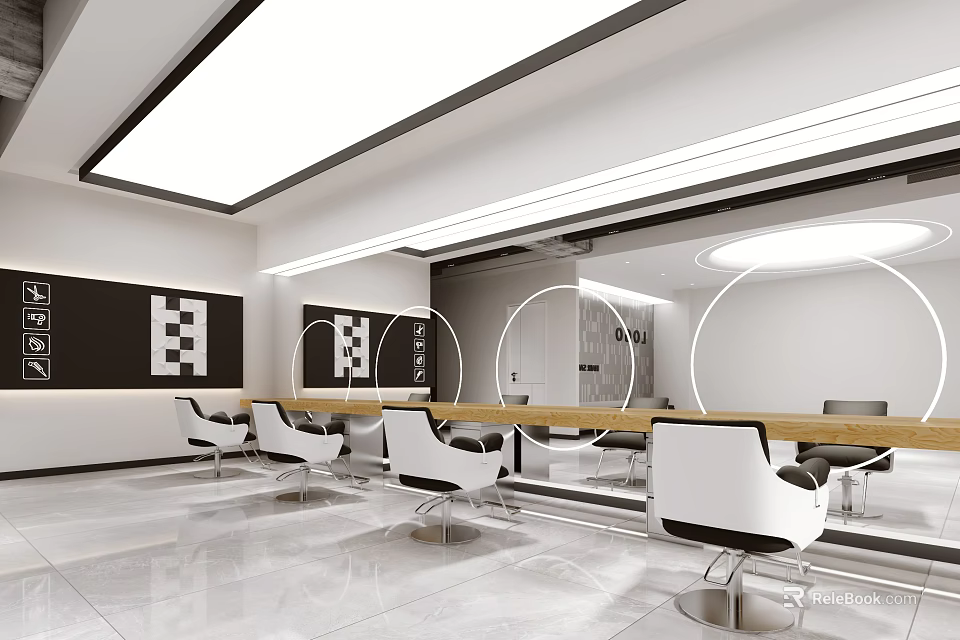 Modern Beauty Salon Interior With White Styling Chairs Mirrors And Wooden Counter 3d model 