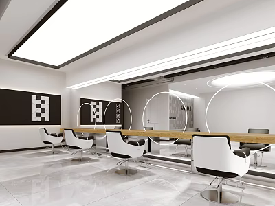Modern Beauty Salon Interior With White Styling Chairs Mirrors And Wooden Counter 3d model