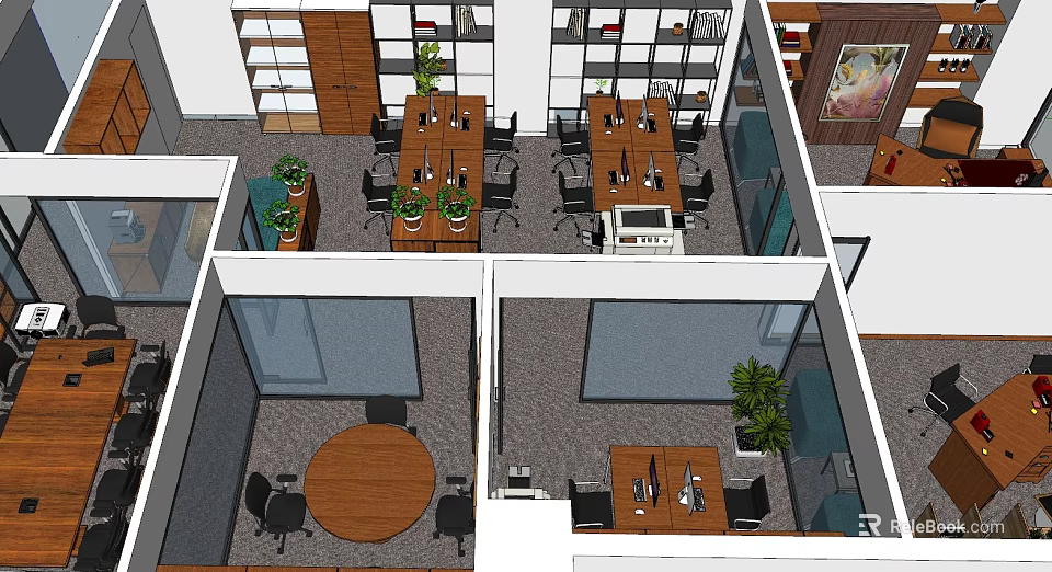 Public Office Space Design With Meeting Tables Chairs Potted Plants And Storage Cabinets 3d model 