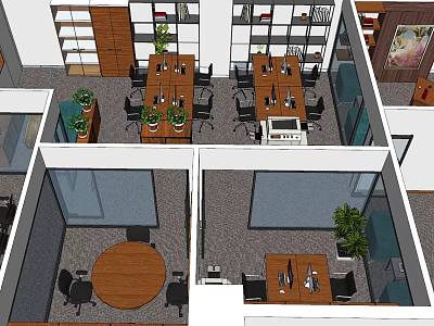 Public Office Space Design With Meeting Tables Chairs Potted Plants And Storage Cabinets 3d model