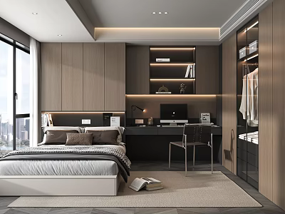 Modern Tatami Bedroom Interior With Wooden Desk Chair Bookshelf Wardrobe And City View Window 3d model