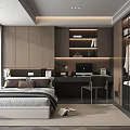 Modern Tatami Bedroom Interior With Wooden Desk Chair Bookshelf Wardrobe And City View Window