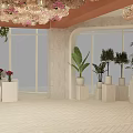 Interior With Flower Adorned Ceiling Orange Walls Stone Bookshelf Wooden Tables And Refrigerated Cases