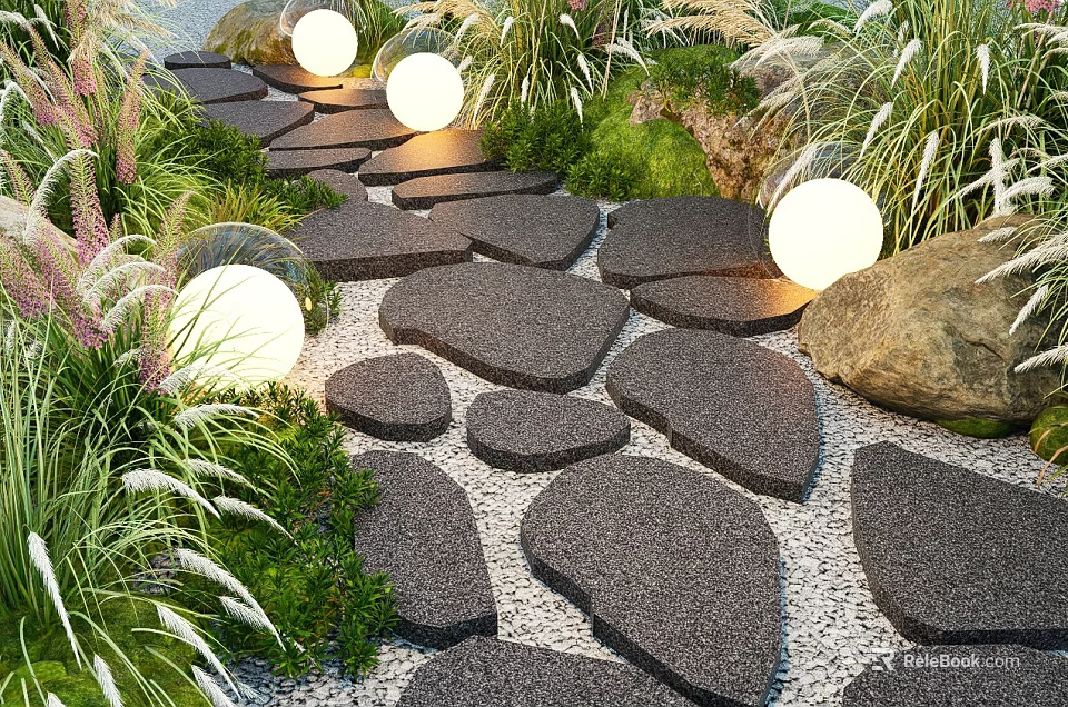 Garden Plant Combination With Stone Path Round Lights And Lush Greenery 3d model
