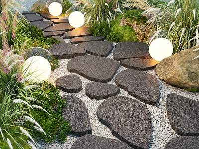 Garden Plant Combination With Stone Path Round Lights And Lush Greenery 3d model