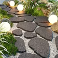 Garden Plant Combination With Stone Path Round Lights And Lush Greenery