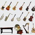Assorted Musical Instruments Collection Featuring Guitars Violins Saxophones Pipa and Harp 3d model