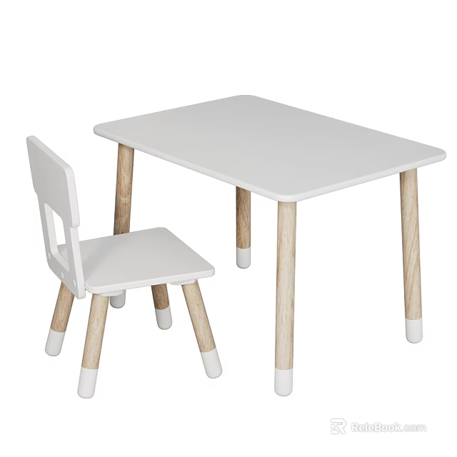Cute Kids White Table and Chair Set with Light Wooden Legs Design 3d model 