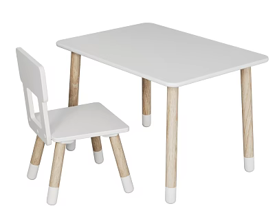 Cute Kids White Table and Chair Set with Light Wooden Legs Design 3d model