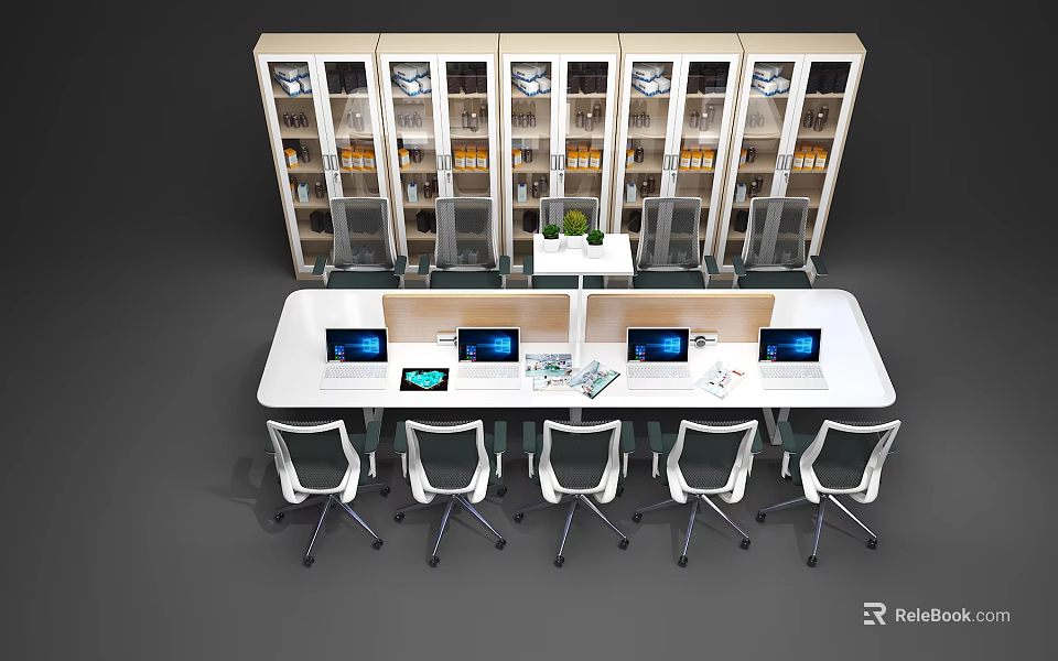 Modern Conference Table With White Chairs Laptops Tablet Green Plant And Glass Cabinets 3d model 