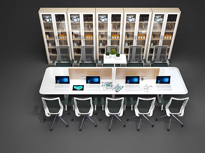 Modern Conference Table With White Chairs Laptops Tablet Green Plant And Glass Cabinets 3d model