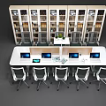 Modern Conference Table With White Chairs Laptops Tablet Green Plant And Glass Cabinets