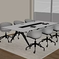 Modern Office Conference Table With White Desktop Black Legs And Gray Rolling Chairs