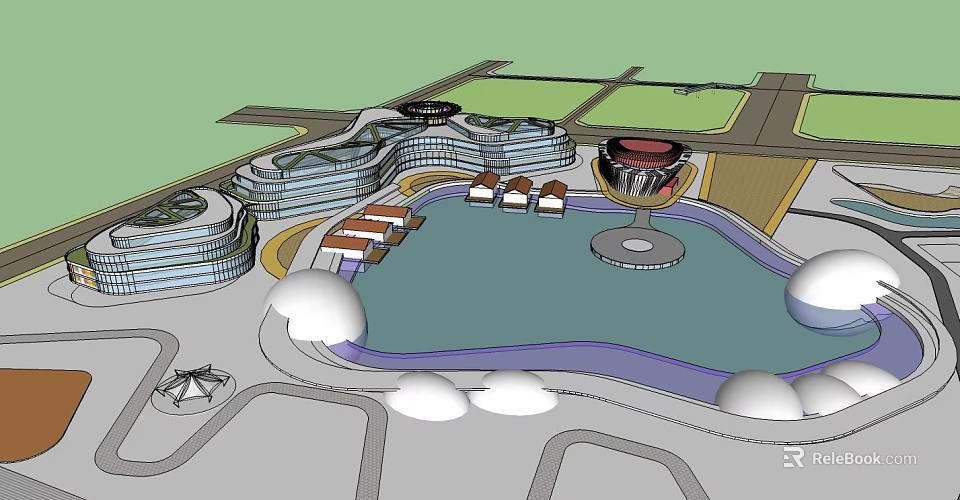 Modern Urban Architectural Complex With Central Water Pool And Circular Structures 3d model 