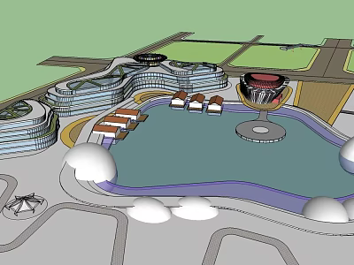 Modern Urban Architectural Complex With Central Water Pool And Circular Structures 3d model
