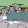 Modern Urban Architectural Complex With Central Water Pool And Circular Structures