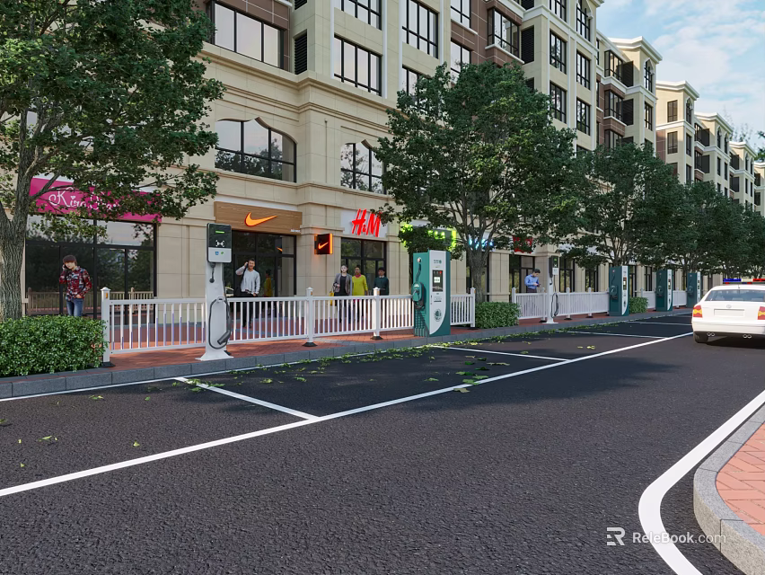 Modern Urban Road Facilities With White Railings Trees And Residential Buildings 3d model 