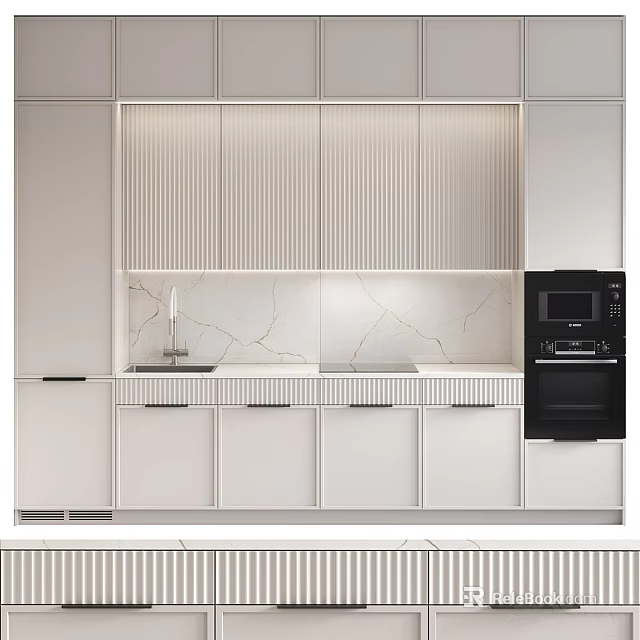 Modern Sideboard Design With Ribbed Front Panels Marble Countertop LED Lighting And Storage Cabinets 3d model 
