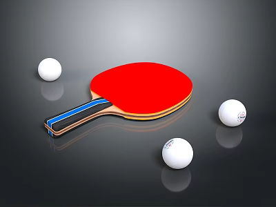 Red Table Tennis Racket With Blue Stripe Handle And Three White Balls 3d model