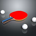 Red Table Tennis Racket With Blue Stripe Handle And Three White Balls