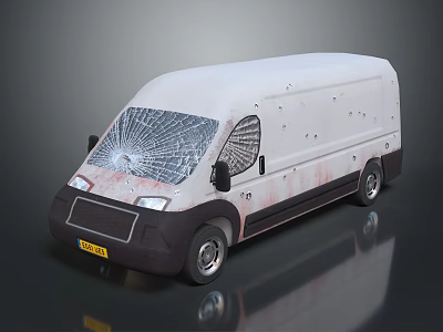 White Bus With Shattered Front Windshield Bullet Holes And Blood Stains On Body 3d model