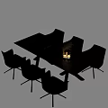 Modern Dining Table Set With Black Tabletop Six Light Brown Chairs And Decorative Items 3d model