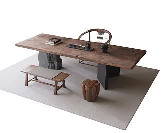 Modern Tea Table and Chair Bench Stool Tea Set 3d model