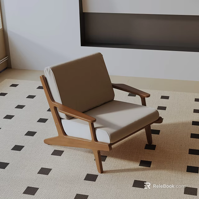 Modern Wooden Frame Accent Chair With Light Gray Cushion On Checkered Rug 3d model 