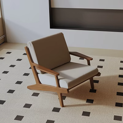 Modern Wooden Frame Accent Chair With Light Gray Cushion On Checkered Rug 3d model