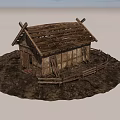 Traditional Wooden House with Rustic Roof and Surrounding Wooden Fence on Dirt Ground
