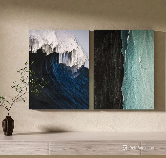 Two Panel Abstract Paintings With Blue Wave White Foam And Dark Light Blue Textures 3d model