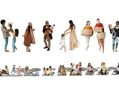 Multiple People in Various Poses Sitting Holding Flowers Carrying Children and Boxes 3d model